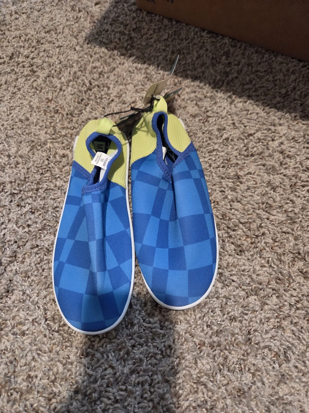 Blue Checker Slip-On Kids Water Shoes with Lime Accents